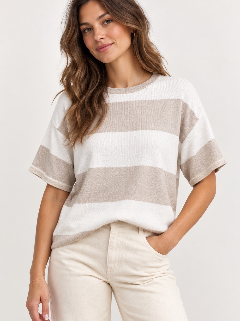 ICHI Oatmeal Tan Wide Stripe Short Sleeve Casual Top NEW Size Medium